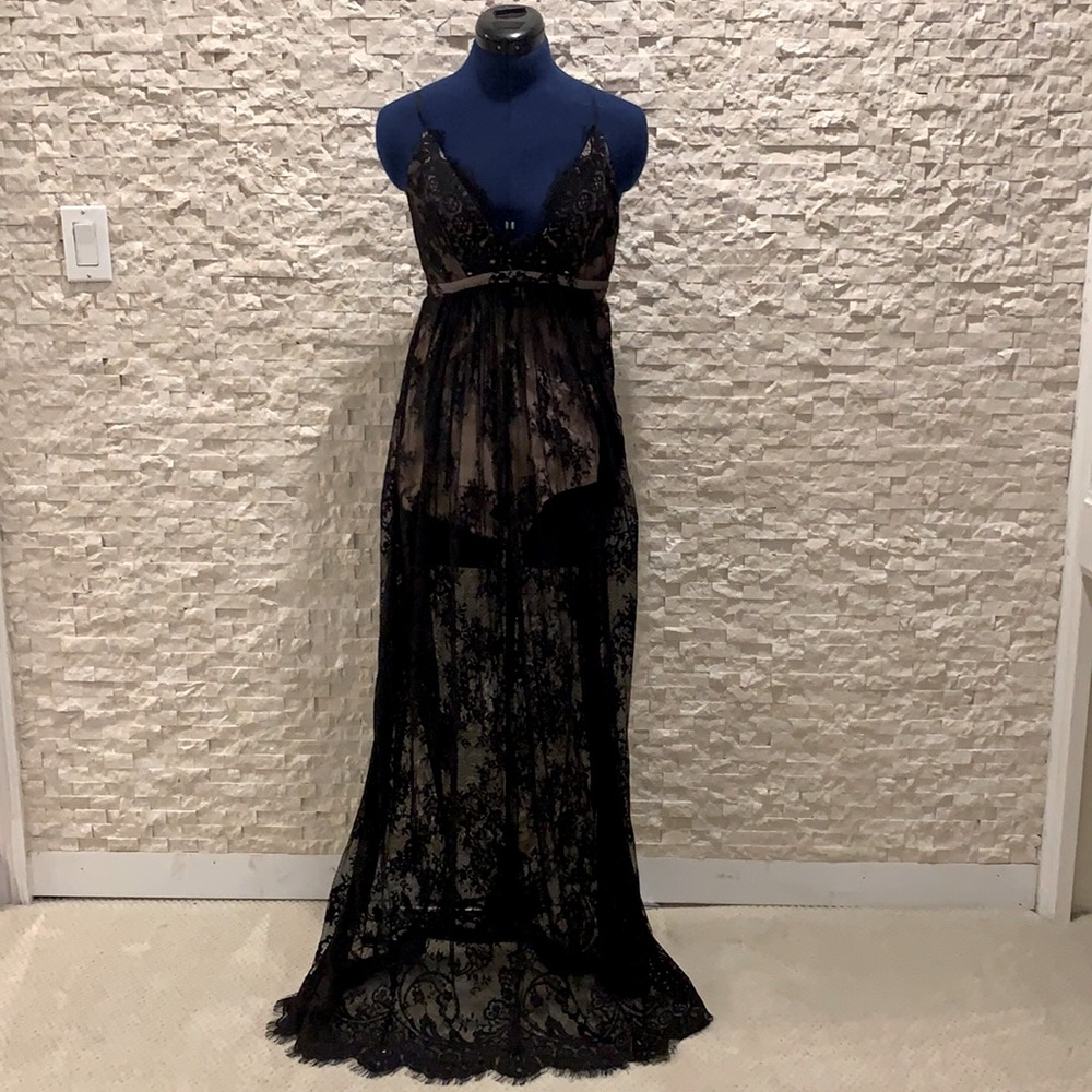 Black sheer lace dress with attached nude brief